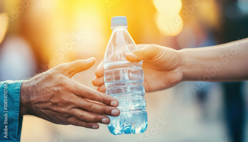 close up of hands passing bottled water, symbolizing sharing and kindness. warm sunlight creates hopeful atmosphere, highlighting importance of hydration. Disaster Relief Efforts concept