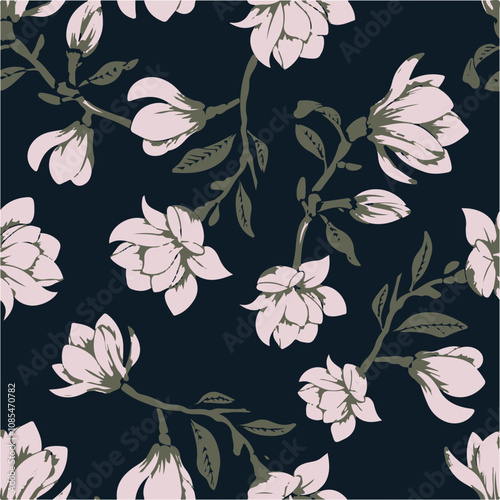 Big flowers pattern, upscale floral pattern. graphical textures floral, trendy colors pattern , flowers background with leaves. vector illustration.
