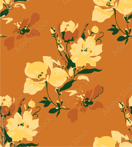 Big flowers pattern, upscale floral pattern. graphical textures floral, trendy colors pattern , flowers background with leaves. vector illustration.