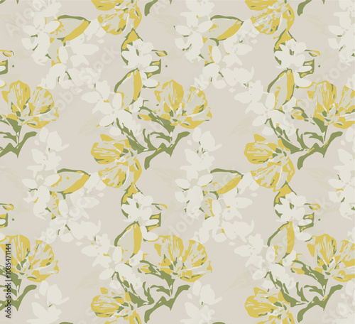 Big flowers pattern, upscale floral pattern. graphical textures floral, trendy colors pattern , flowers background with leaves. vector illustration.