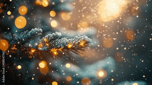 Snowy pine branch with festive bokeh lights.