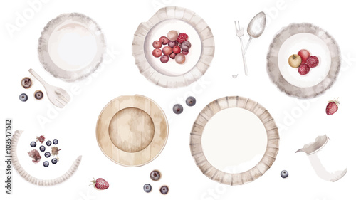 Set of empty plates, bowls, spoons and forks. Vector illustration.