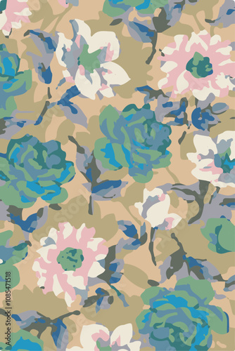 Big flowers pattern, upscale floral pattern. graphical textures floral, trendy colors pattern , flowers background with leaves. vector illustration.