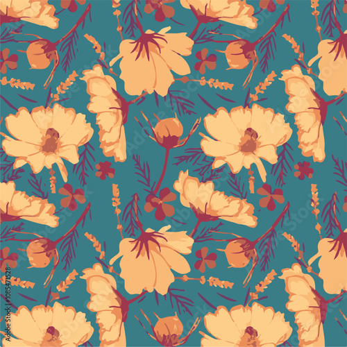 Big flowers pattern, upscale floral pattern. graphical textures floral, trendy colors pattern , flowers background with leaves. vector illustration.