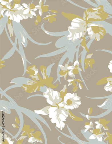 Big flowers pattern, upscale floral pattern. graphical textures floral, trendy colors pattern , flowers background with leaves. vector illustration.