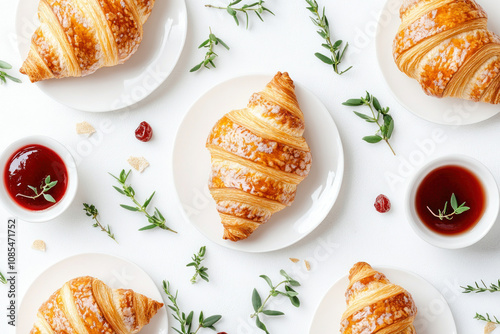 Multiple croissants on plates flatlays photo