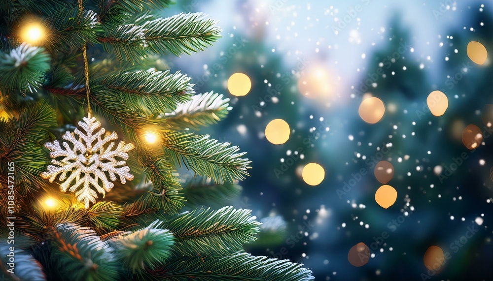 Closeup of Christmas tree with light, snow flake. Christmas and New Year holiday background. Closeup of Christmas tree with light, snow flake. Christmas and New Year holiday background.