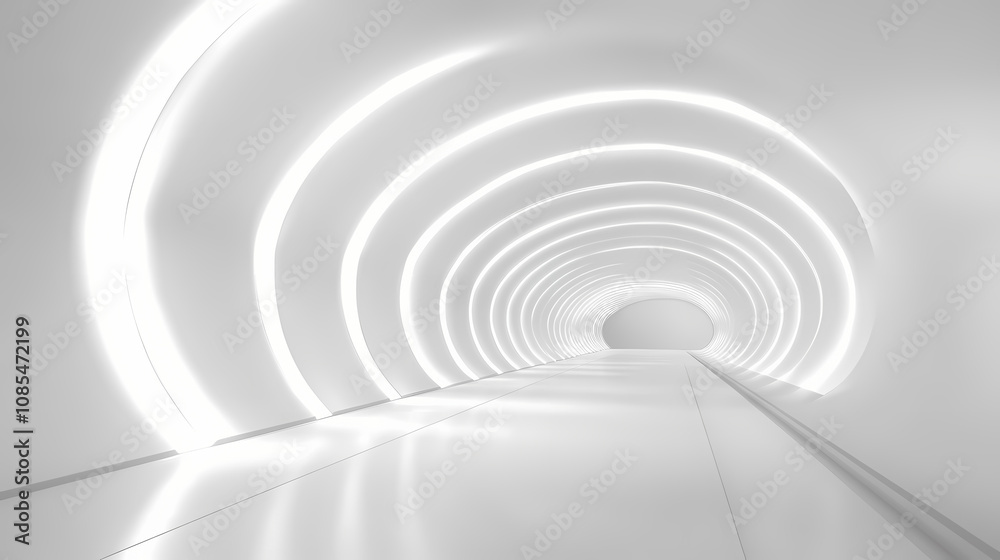 Fototapeta premium Futuristic white tunnel with glowing led lights along the walls, creating a sense of depth and infinite perspective, emphasizing modern technology and design. Infinite. Illustration