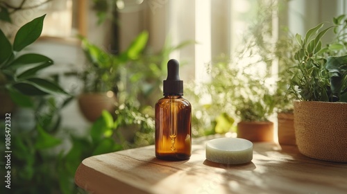 Amber bottle with dropper on a wooden table.