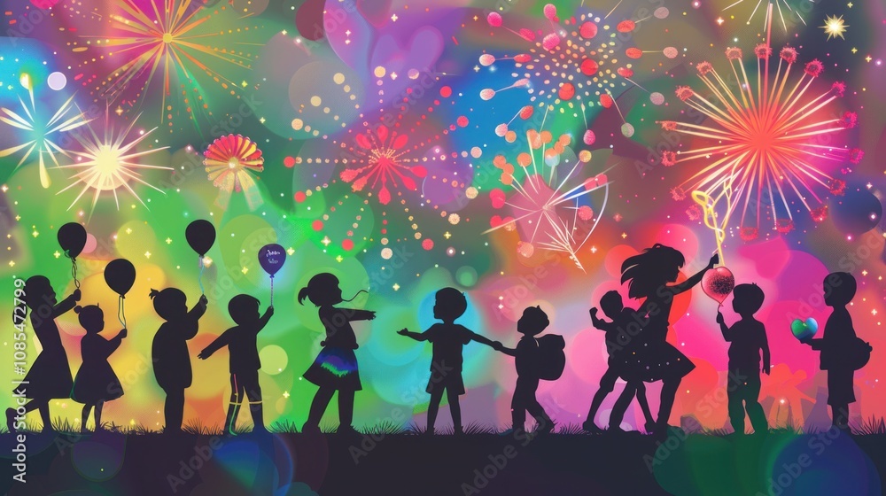 Silhouettes of children enjoying fireworks Silhouettes of children enjoying fireworks