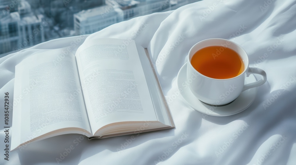 A cozy scene featuring an open book and a cup of tea on a soft blanket, set against a backdrop of cityscape views. A cozy scene featuring an open book and a cup of tea on a soft blanket, set against a backdrop of cityscape views.