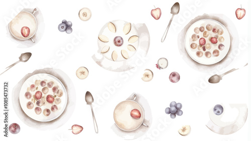 Watercolor breakfast set. Cappuccino, oatmeal with berries, apples, blueberries, strawberries and spoon.