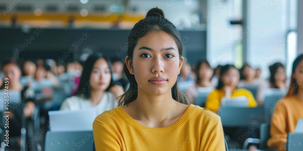 Fototapeta premium Confident Young Woman in a Lecture Hall, Focused Student Amongst Peers