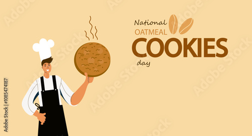 National oatmeal cookie day. Happy man hold big cookie. Hand drawn cartoon flat vector illustration. Banner, poster, greeting card, menu. afternoon snak, breakfast, cafe themed concept background.