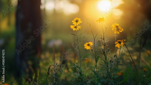 A photograph of small yellow flowers in the foreground, taken from behind with sunlight shining through them. In front is tall grass and trees, with more wildflowers scattered around