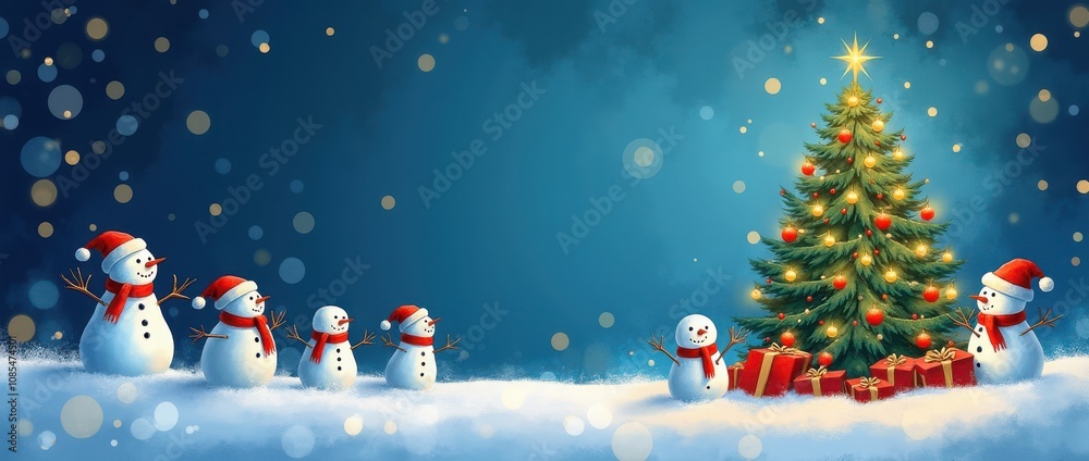 Fototapeta premium Delightful Christmas scene with playful snowmen and sparkling tree, holiday, celebration, tradition