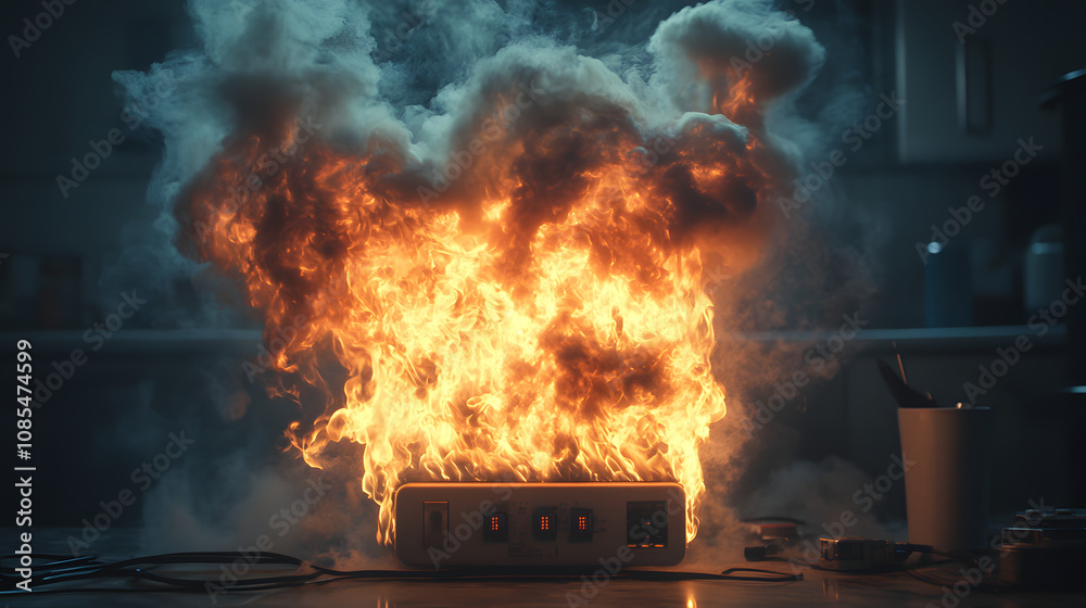A commercial video of an electrical circuit burning, emitting sparks and smoke in a dark environment.
A commercial video of an electrical circuit burning, emitting sparks and smoke in a dark environment.