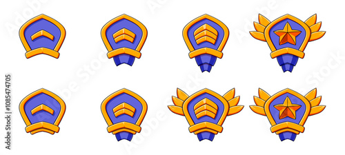 Golden blue cartoon rank patent level set. Patent, stars, wings, red ribbon. Progress game evolution.