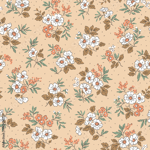 Vector seamless pattern. Pretty pattern in small flowers. Small white and orange flowers. Ivory beige background. Liberty floral background. Trendy template for fashion prints. Stock vector.