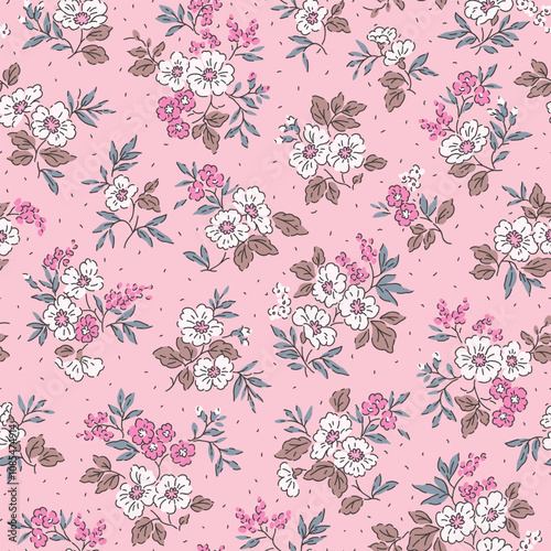 Elegant floral pattern in small hand draw flowers. Liberty style. Pink and white flowers. Floral seamless background for fashion prints. Vintage print. Seamless vector texture. Spring bouquet.