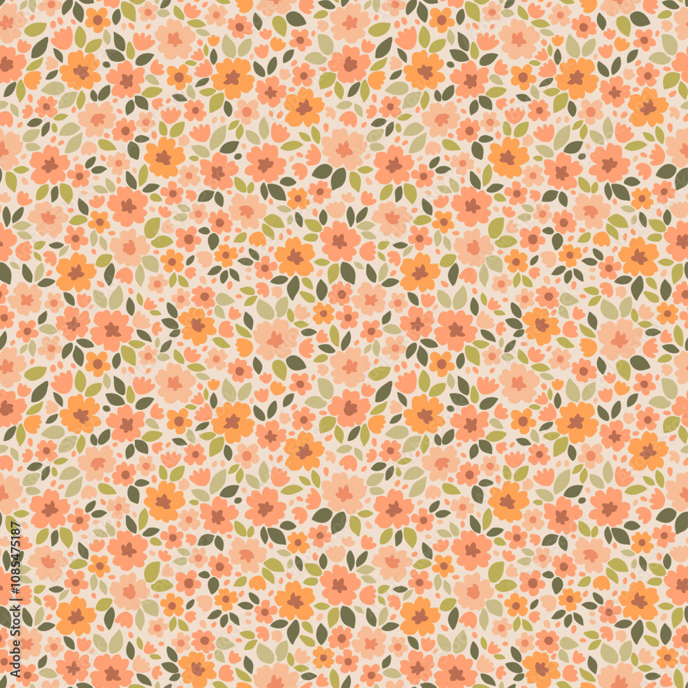 Floral pattern. Liberty flowers on beige background. Printing with small orange, yellow and peach flowers. Ditsy print. Seamless vector texture. Spring bouquet.