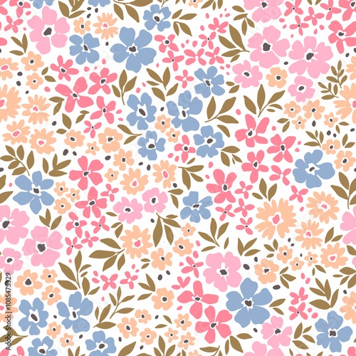 Seamless floral pattern. Cute bouquet of small pastel blue, coral and rose pink flowers and green leaves. Light flowers on white background in trendy fashion vintage style. Stock vector.