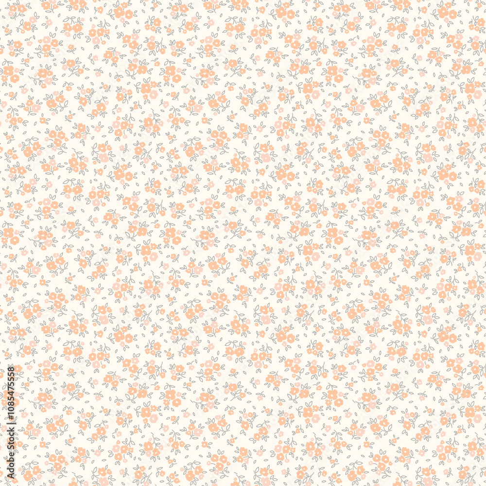 Vector seamless pattern. Pretty pattern in small flowers. Small light ivory beige flowers. White background. Liberty floral background. Trendy template for fashion prints. Stock vector.