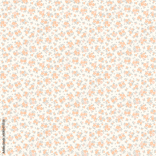 Vector seamless pattern. Pretty pattern in small flowers. Small light ivory beige flowers. White background. Liberty floral background. Trendy template for fashion prints. Stock vector.