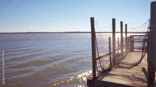 A serene waterfront scene featuring a wooden dock and calm water under a clear sky. photo