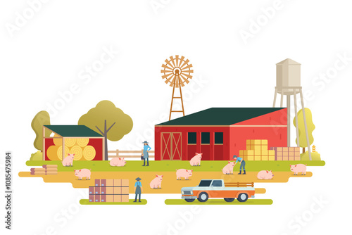 Farm scenery vector illustration on white background. Livestock animal farm landscape with farming elements