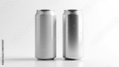 Refreshing soda can mockup showcasing two cans, one smooth and matte, the other covered in condensation, perfect for beverage design presentations.