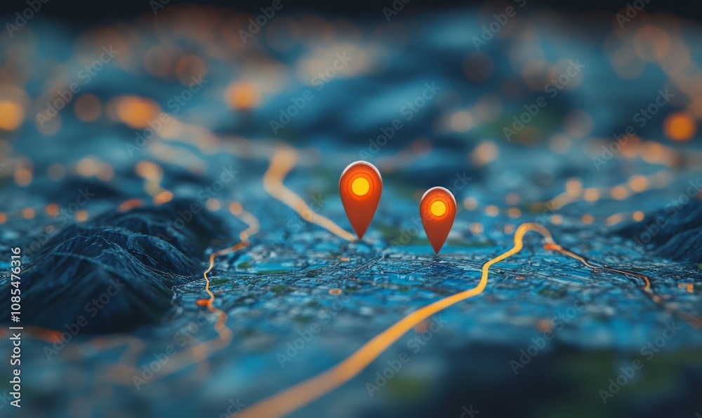 A detailed map displaying a specific location marked with two vibrant pins, symbolizing the starting and destination points in a GPS navigation system used for efficient route planning and guidance A detailed map displaying a specific location marked with two vibrant pins, symbolizing the starting and destination points in a GPS navigation system used for efficient route planning and guidance