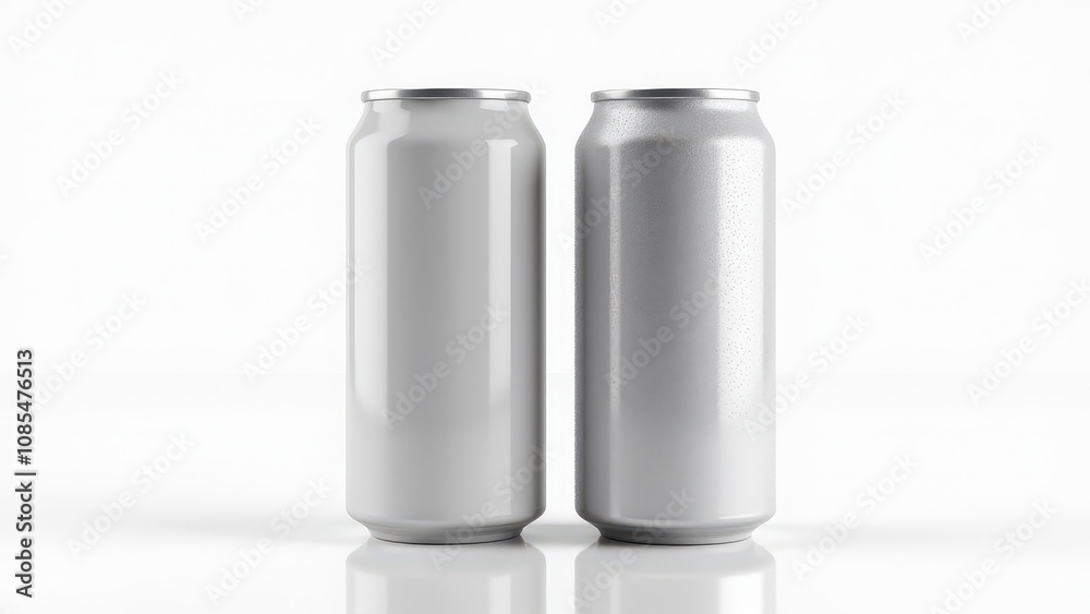 Beverage soda can mockup showcasing two aluminum cans, matte and condensation finishes, isolated on a clean white background. Beverage soda can mockup showcasing two aluminum cans, matte and condensation finishes, isolated on a clean white background.