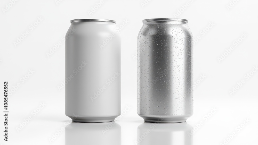 3D soda can mockup with two aluminum cans, one with a smooth matte finish and the other covered in condensation, isolated on white.