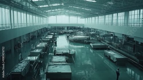 A large industrial space with workstations and a reflective floor, possibly for manufacturing.