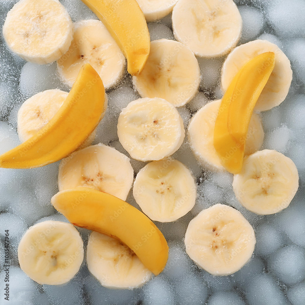 banana fruit slices on frozen surface banana fruit slices on frozen surface