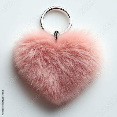 Fluffy pink heart keychain with silver ring, perfect for accessories