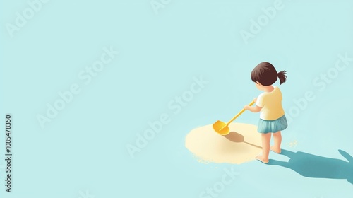 Sandbox with a child holding a small shovel, on a flat soft blue background.