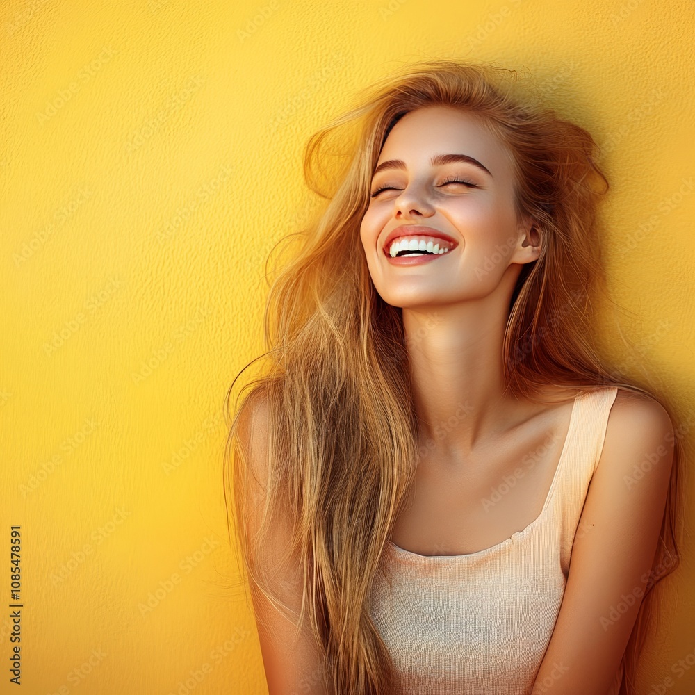 Portrait of a Beautiful Woman with Long Blonde Hair, Smiling on a Vibrant Yellow Background Portrait of a Beautiful Woman with Long Blonde Hair, Smiling on a Vibrant Yellow Background