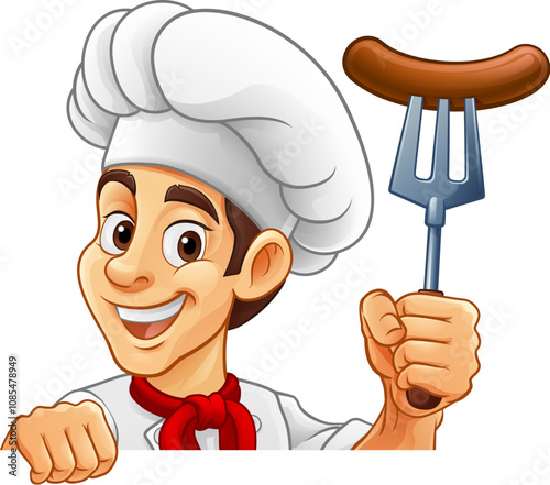 A chef cartoon barbecue cook man giving a thumbs up and holding a hotdog or grilled sausage a BBQ or cooking fork and peeking around sign or menu, mascot character illustration