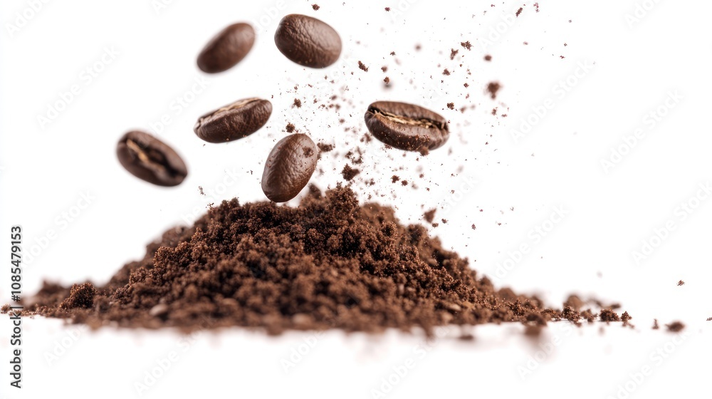 Fototapeta premium Coffee beans floating above a mound of ground coffee, showcasing freshness and brewing potential.