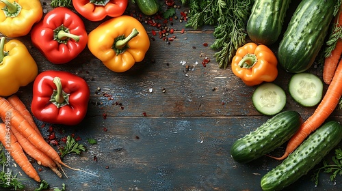 Fresh colorful vegetables - carrots, cucumbers, peppers, on a wooden table with copy space in the middle.