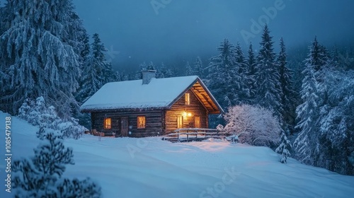 Warm timber lodge lit up in a wintry landscape photo