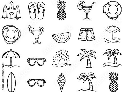 Beach and sunshine doodles creatively sketched by hand