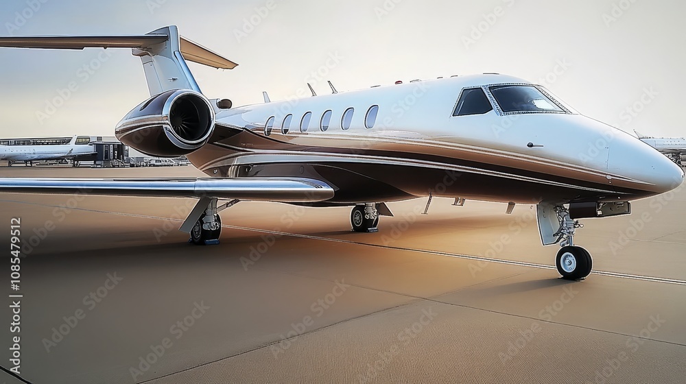 Naklejka premium Luxury Private Jet Parked On Airport Tarmac Under A Golden Hour Sky, Ready For Business Travel