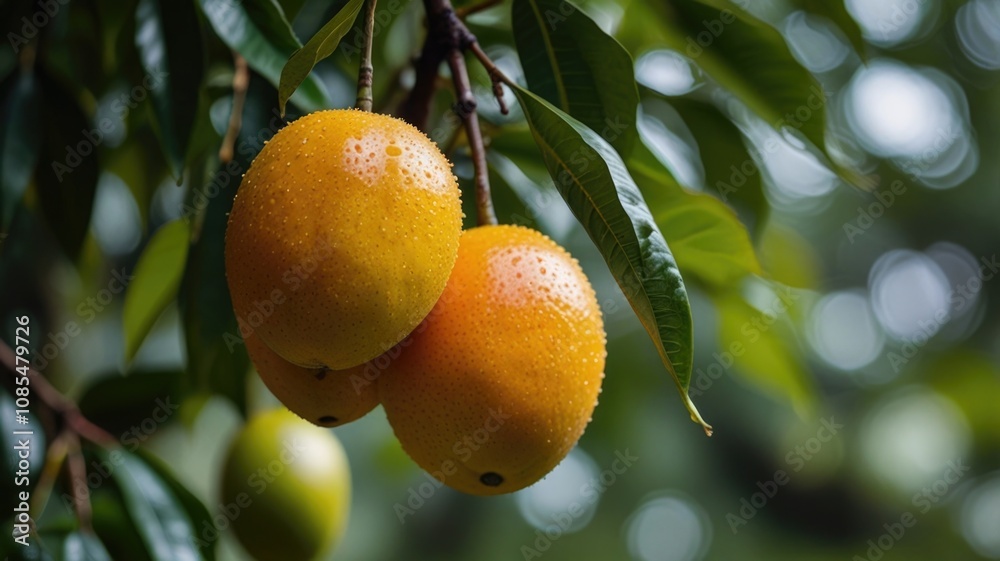 Fresh ripe mango fruit hanging on tree branch Fresh ripe mango fruit hanging on tree branch