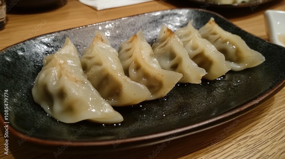 Close-up of gyoza dumplings on a dish with soy sauce Close-up of gyoza dumplings on a dish with soy sauce