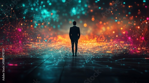 Futuristic Technology Scene Featuring Businessperson and Digital Connections.