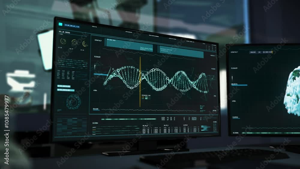 Two computer monitors on desk. Data and informations on both screens. DNA structure analysis on a dark monitor. DNA molecules chain rotating. Biomedical advanced software. Inside a research laboratory Two computer monitors on desk. Data and informations on both screens. DNA structure analysis on a dark monitor. DNA molecules chain rotating. Biomedical advanced software. Inside a research laboratory