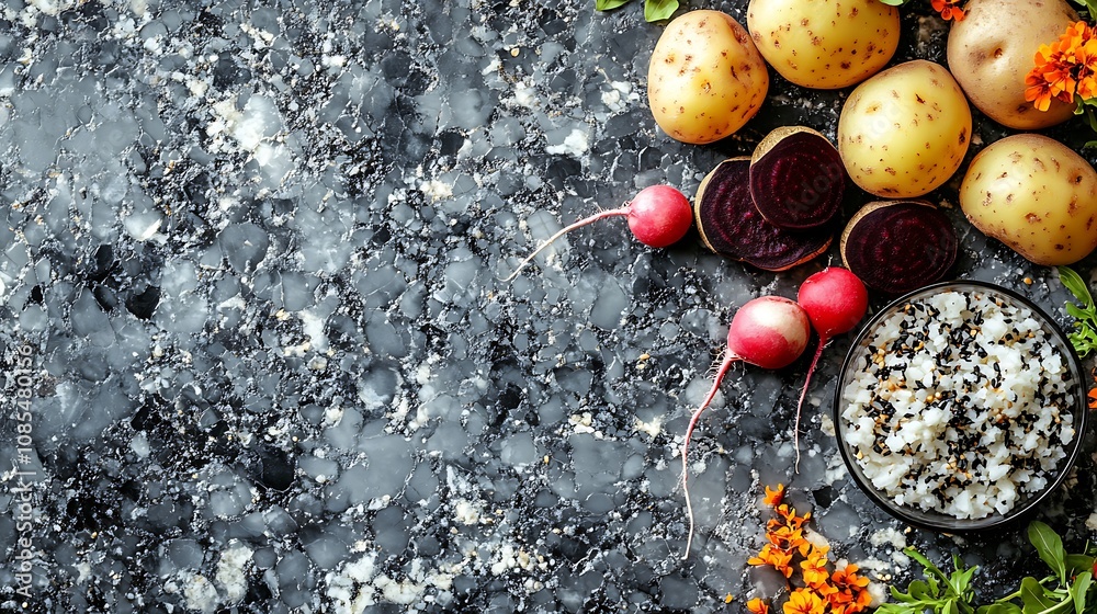 Fresh vegetables, potatoes, radish and beetroot on a dark background with copy space.